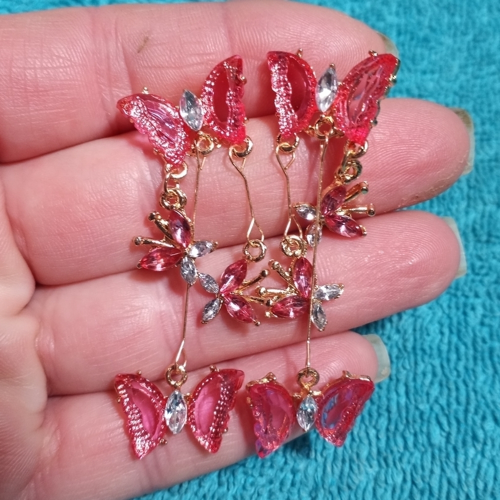 Elegant Pink and Goldtone Butterfly Post Dangle Earrings
